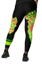 LEGGINGS: CROSSOVER WITH POCKETS -GREEN & ORANGE GLADIOLUS BOUQUET (BLACK)