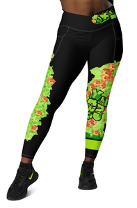 LEGGINGS: CROSSOVER WITH POCKETS -GREEN & ORANGE GLADIOLUS BOUQUET (BLACK)