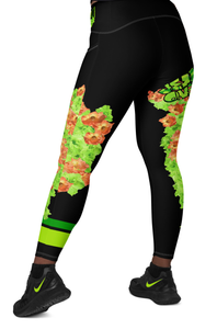 LEGGINGS: CROSSOVER WITH POCKETS -GREEN & ORANGE GLADIOLUS BOUQUET (BLACK)