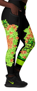 LEGGINGS: CROSSOVER WITH POCKETS -GREEN & ORANGE GLADIOLUS BOUQUET (BLACK)