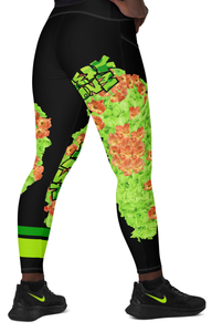 LEGGINGS: CROSSOVER WITH POCKETS -GREEN & ORANGE GLADIOLUS BOUQUET (BLACK)