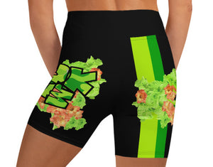 YOGA SHORTS: GREEN & ORANGE GLADIOLUS BOUQUET - (BLACK)