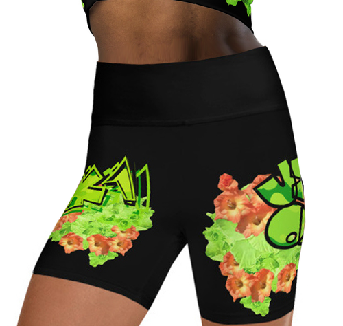 YOGA SHORTS: GREEN & ORANGE GLADIOLUS BOUQUET - (BLACK)