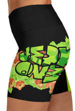 YOGA SHORTS: GREEN & ORANGE GLADIOLUS BOUQUET - (BLACK)