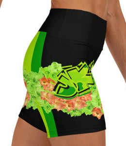 YOGA SHORTS: GREEN & ORANGE GLADIOLUS BOUQUET - (BLACK)