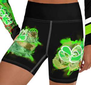 YOGA SHORTS: GREEN NEON CAMO SMUDGE - (BLACK)