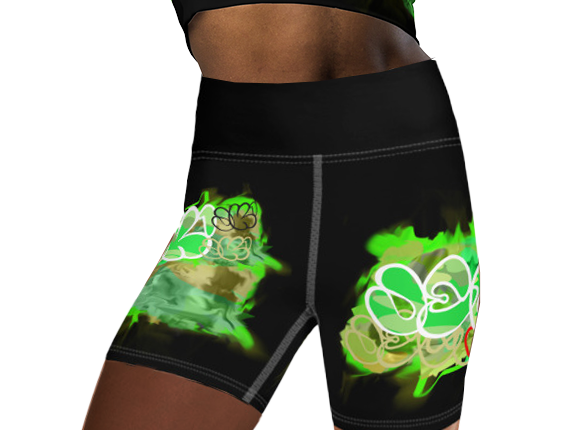 YOGA SHORTS: GREEN NEON CAMO SMUDGE - (BLACK)