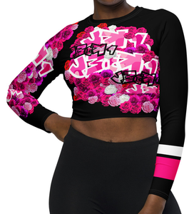 LONG SLEEVE CROP TOP: PINKROSES BOUQUET -(BLACK)