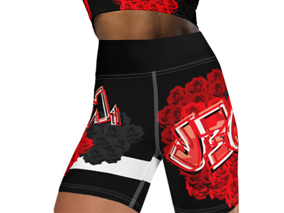 YOGA SHORTS: ROSES BOUQUET -(BLACK)