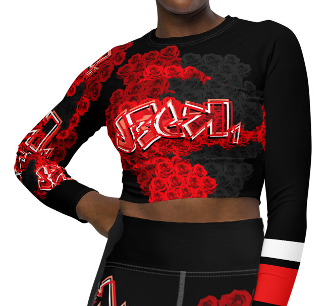 LONG SLEEVE CROP TOP: ROSES BOUQUET - (BLACK)