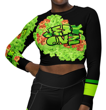 LONG SLEEVE CROP TOP:  GREEN & ORANGE GLADIOLUS BOUQUET -(BLACK)