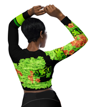 LONG SLEEVE CROP TOP:  GREEN & ORANGE GLADIOLUS BOUQUET -(BLACK)