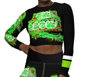 LONG SLEEVE CROP TOP: GREEN NEON CAMO SMUDGE - (BLACK)