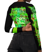 LONG SLEEVE CROP TOP: GREEN NEON CAMO SMUDGE - (BLACK)