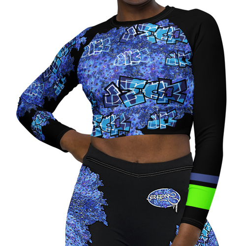 LONG SLEEVE CROP TOP: DELPHINIUMS BOUQUET -(BLACK)